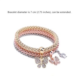 Corn Chain Bracelet, Crystal Multilayer Charms Stretch Bracelet, Butterfly Bracelet, 3PCS Gold/Silver/Rose Gold Corn Chain Bracelet for Women