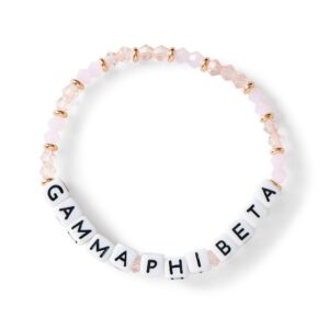 sorority shop gamma phi beta bracelet — glass bead bracelet with gpb name beads and 18k gold accent beads, greek sorority jewelry for big little sorority gifts