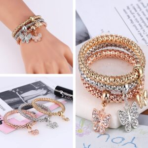 Corn Chain Bracelet, Crystal Multilayer Charms Stretch Bracelet, Butterfly Bracelet, 3PCS Gold/Silver/Rose Gold Corn Chain Bracelet for Women