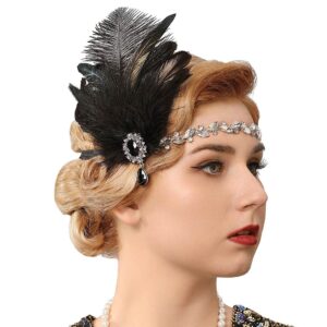 genbree 1920s flapper headband black feather headpiece rhinestone headbands cocktail head accessories for women(pattern 3)