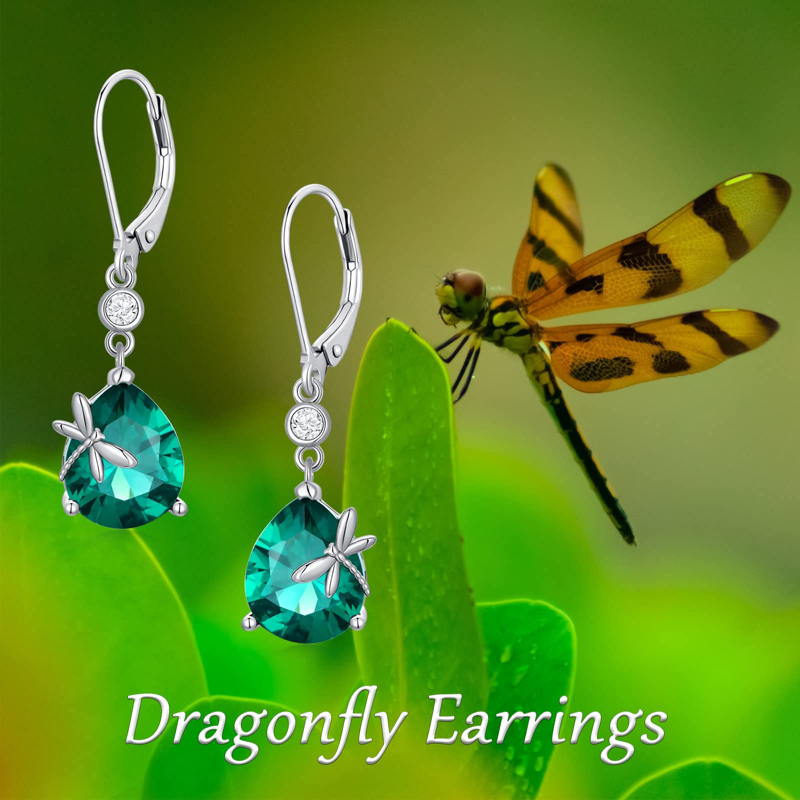 Dorunmo Dragonfly Earrings 925 Sterling Silver Leverback Earring Dragonflies Jewelry Dainty Dangle Earring Green Zircon Jewelry Insect Birthday Gifts for Women Teen Girl (with Gift Box)