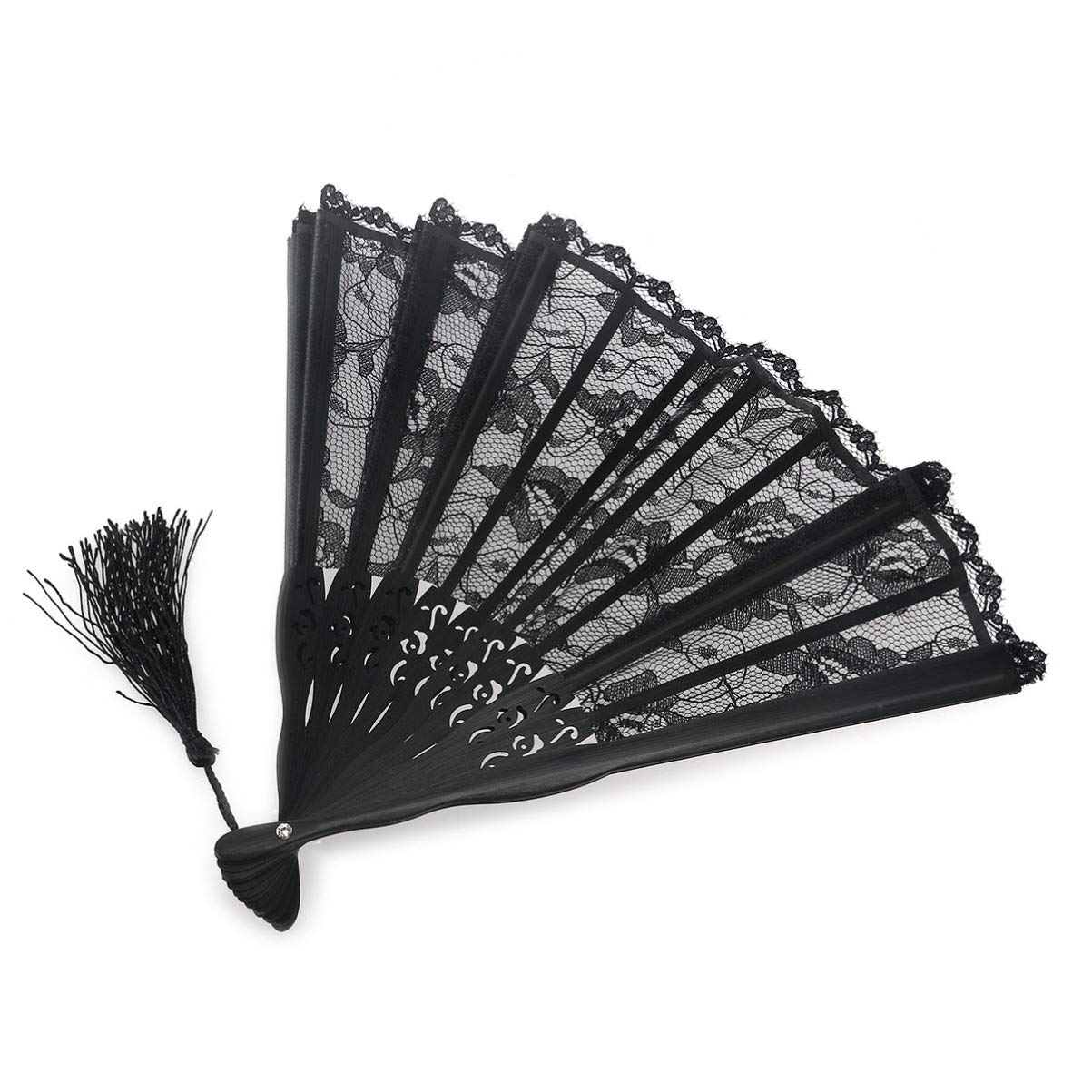 ABOOFAN Lace Folding Hand Fan Black Handmade Folding Fan Japanese Vintage Retro Fabric Fans Bamboo Hand Fan for Women Girls Dress Wedding Party Favor