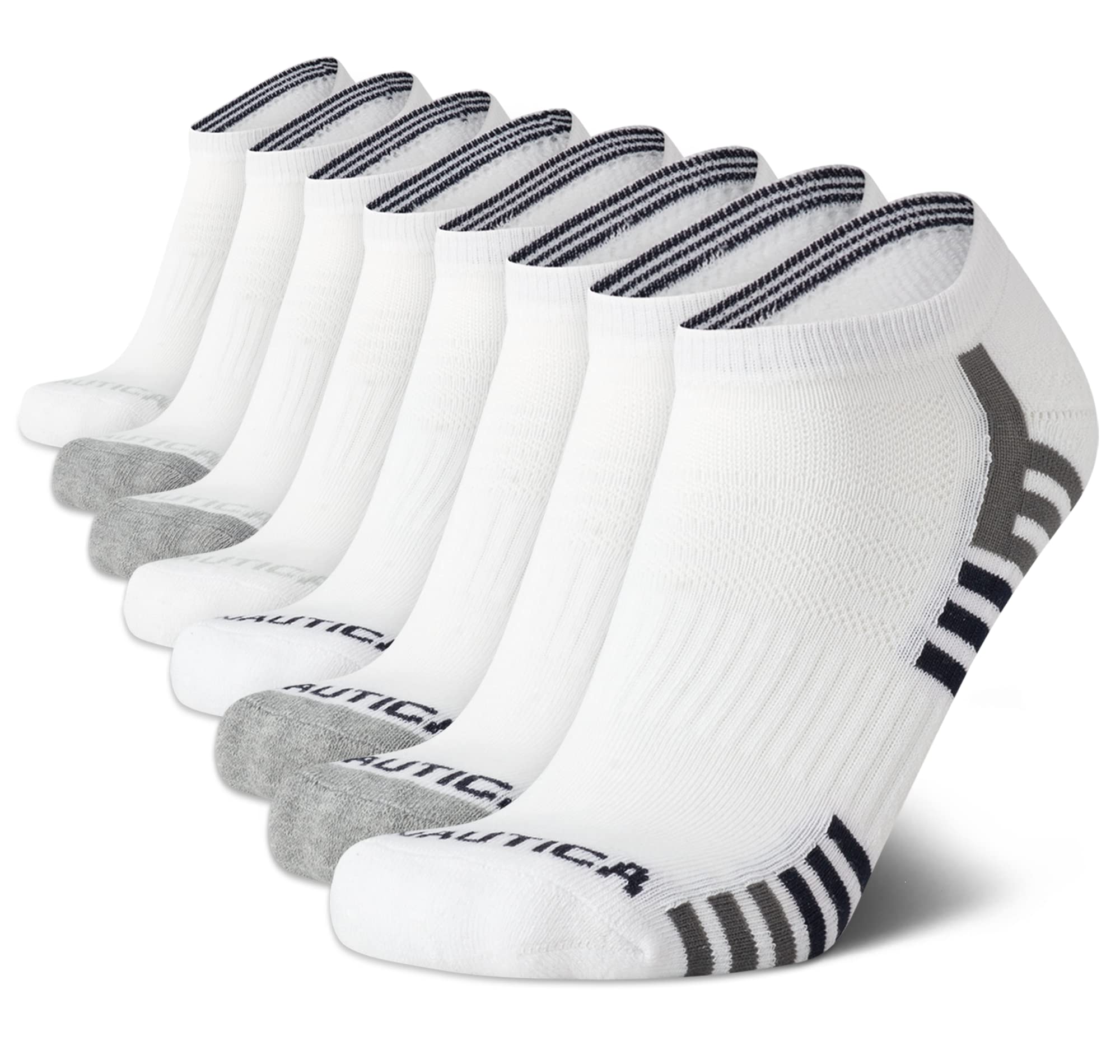 Nautica Men's Low Cut Socks - 8 Pack Comfort Cushioned Athletic Ankle Socks for Men - Casual Men's Sports Socks, Size 6-12.5, White Stripe