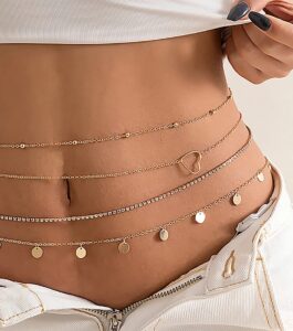 aezlhjya 14k sexy overlay metal waist chain for women,shinny peach heart sequin claw belly chain beads waist chain body chains jewelry gift for girls (2chian-4), gold