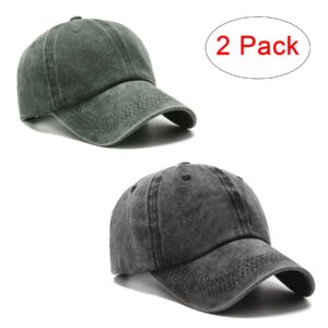 PFFY 2 Packs Vintage Washed Distressed Baseball Cap Dad Golf Hat Black+DarkGreen