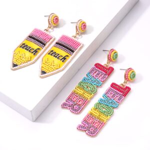 3 Pairs Pencil Earrings Teacher Earrings for Women Rhinestone Beaded Dangle Drop Earrings Colorful Teacher Appreciation Gift Back To School Jewelry Set (2 Pairs Letter)