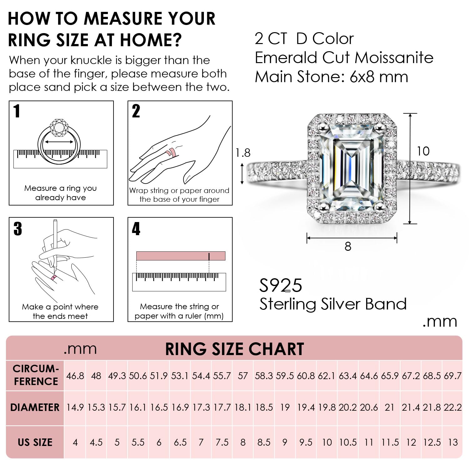 Michooyel 2ct Emerald Cut Moissanite Engagement Ring for Women D color Moissanite VVS1 Halo Sterling Silver Women Rings