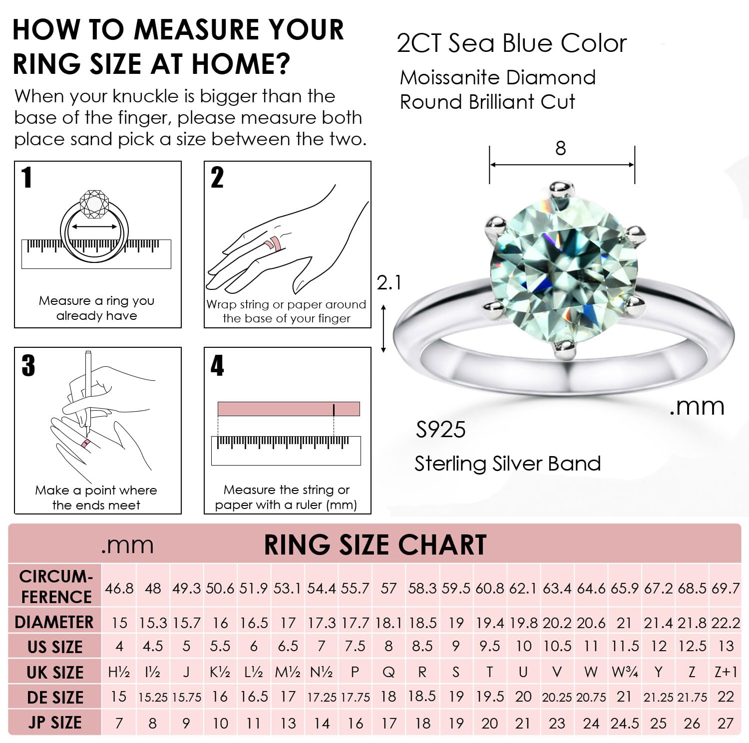 Michooyel 2ct Round Cut Moissanite Engagement Ring for Women Sea Blue Moissanite VVS1 Classic 6 Prongs Setting Solitaire Sterling Silver Women Rings