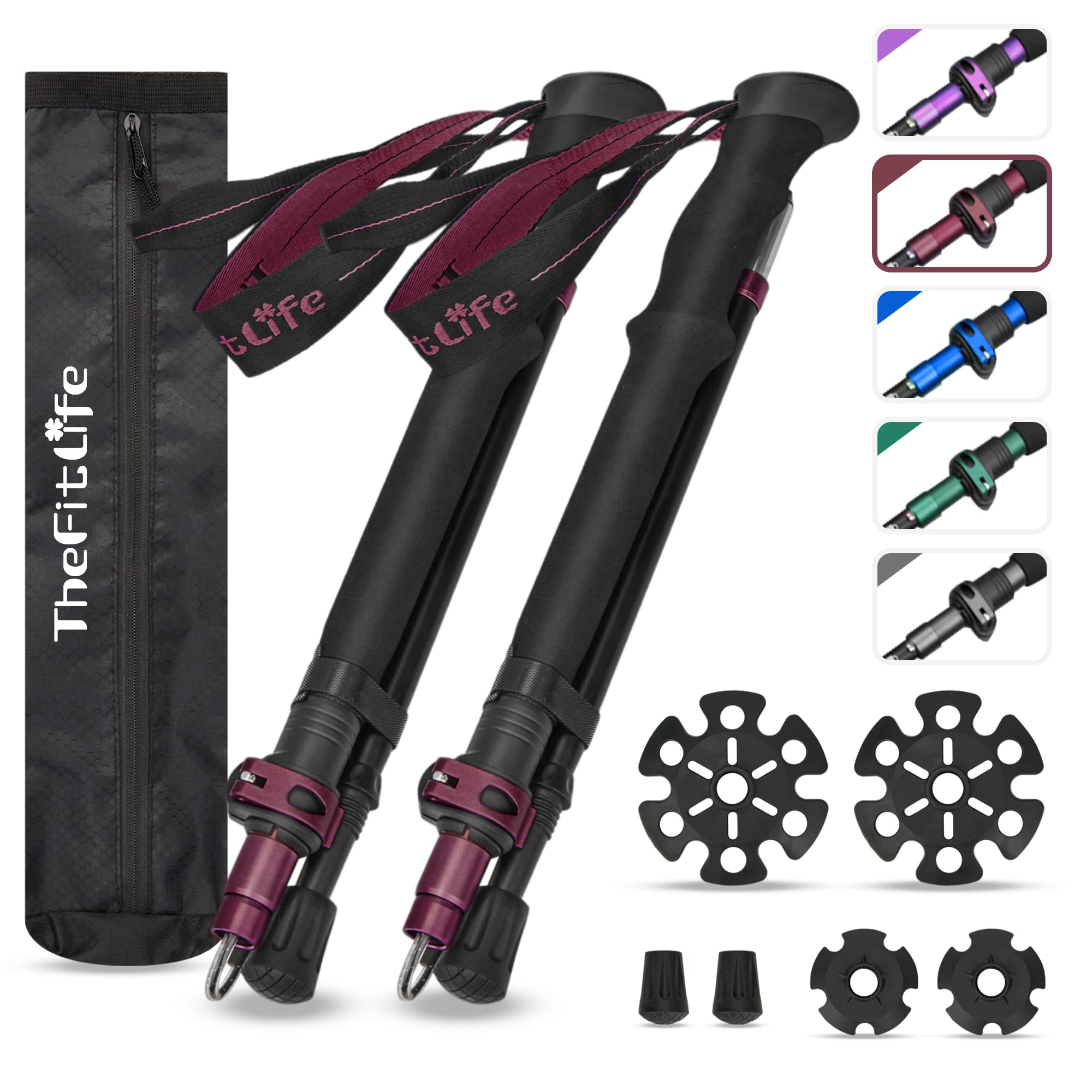 TheFitLife Collapsible Trekking Poles for Hiking – Lightweight Folding Walking Sticks for Men and Women with Extra-Long Foam Handle and Metal Flip Lock Red