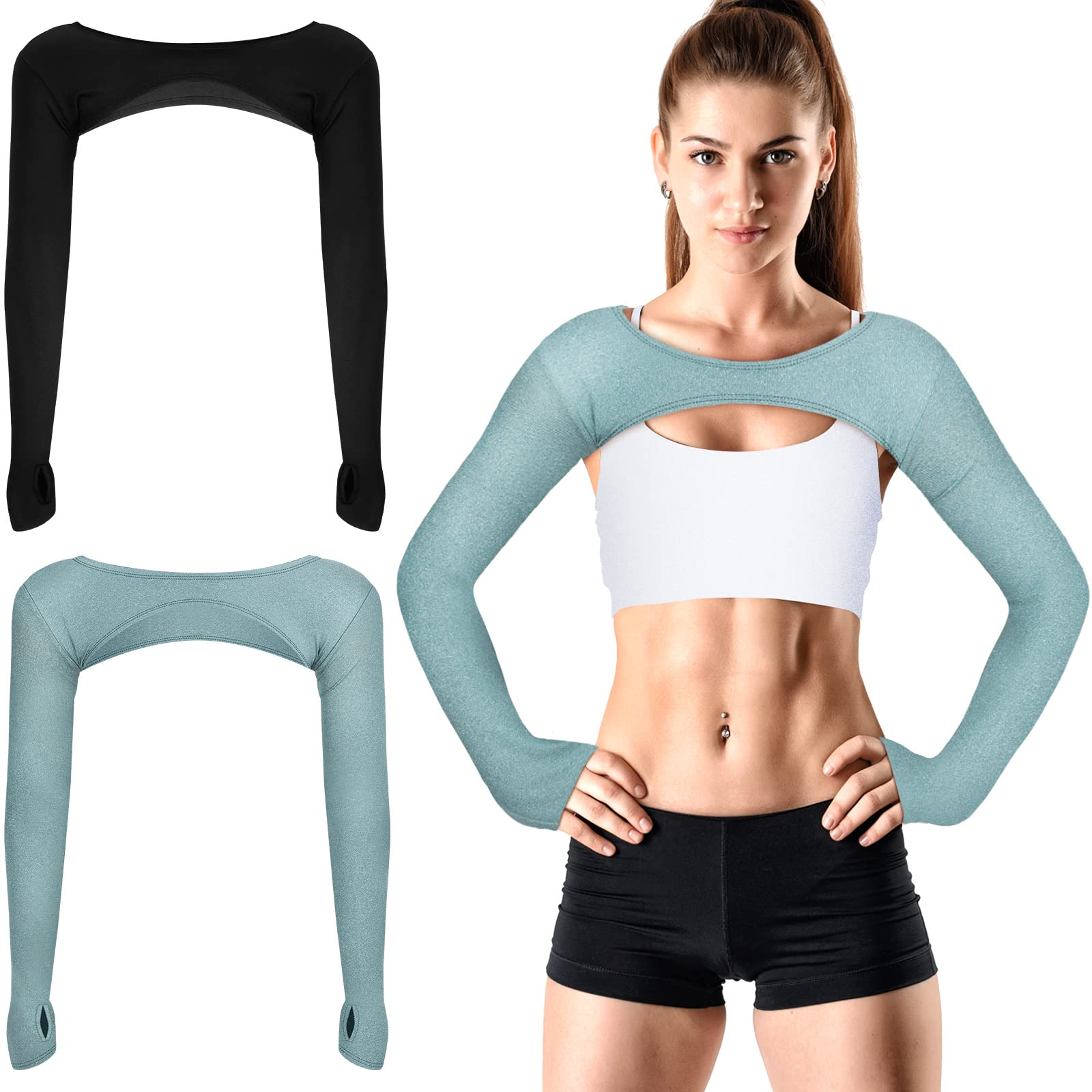 Janmercy 2 Pieces Women's Long Sleeve Crop Tops Cutout Workout Bolero Shrug Ballet Yoga Sports Shrug Casual Cropped Tops(Black and Blue, L)