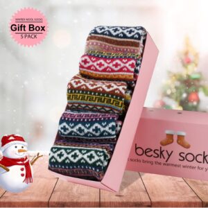 besky 5 Pairs Winter Wool Socks Women, Knit Thick Wool Soft Warm and Breathable Cozy Socks for Womens