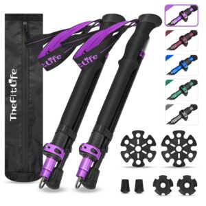 thefitlife collapsible trekking poles for hiking – lightweight folding walking sticks for men and women with extra-long foam handle and metal flip lock purple