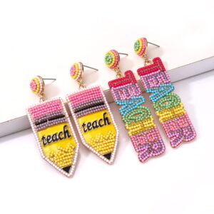 3 Pairs Pencil Earrings Teacher Earrings for Women Rhinestone Beaded Dangle Drop Earrings Colorful Teacher Appreciation Gift Back To School Jewelry Set (2 Pairs Letter)