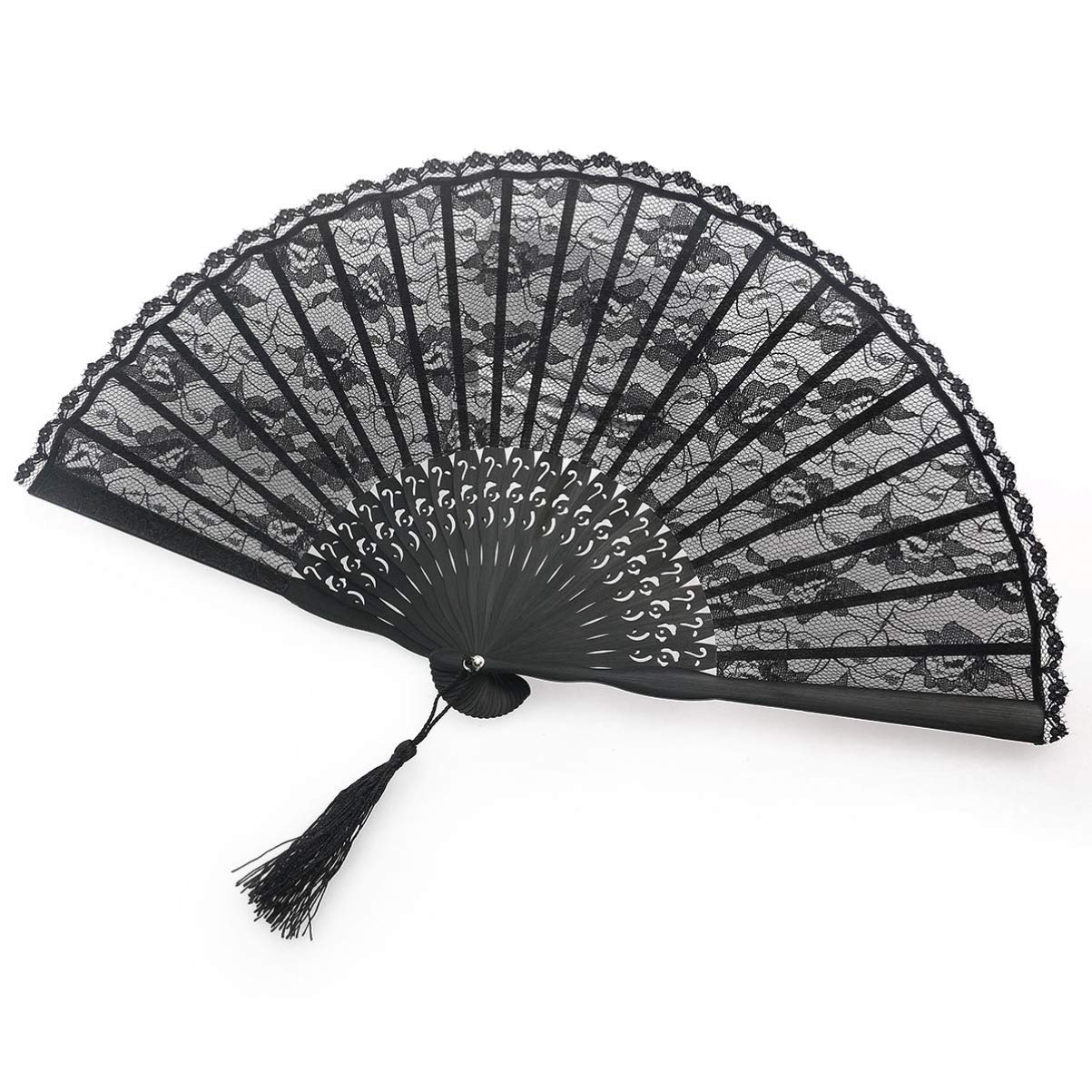 ABOOFAN Lace Folding Hand Fan Black Handmade Folding Fan Japanese Vintage Retro Fabric Fans Bamboo Hand Fan for Women Girls Dress Wedding Party Favor