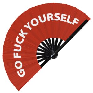 go fuck yourself hand fan foldable bamboo circuit hand fan funny gag curse words expressions statement gifts festival accessories rave handheld circuit event fan clack fans (red)