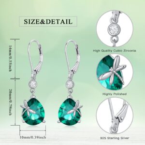 Dorunmo Dragonfly Earrings 925 Sterling Silver Leverback Earring Dragonflies Jewelry Dainty Dangle Earring Green Zircon Jewelry Insect Birthday Gifts for Women Teen Girl (with Gift Box)