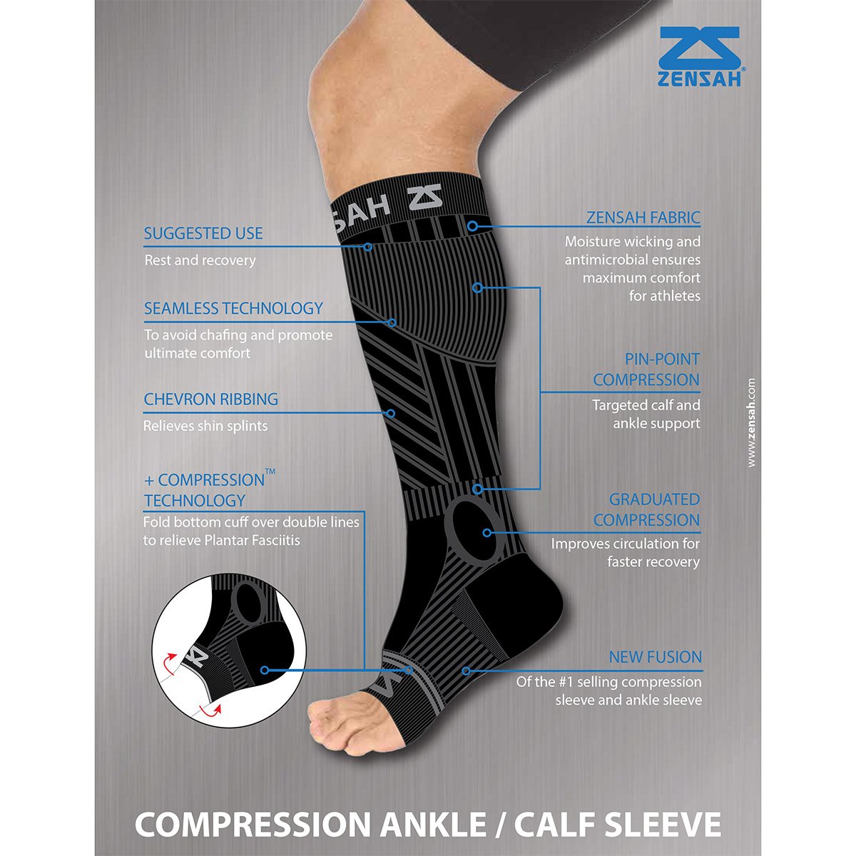 Zensah Ankle/Calf Compression Sleeves- Toeless Socks for Circulation, Swelling for Men and Women (X-Large, Black)