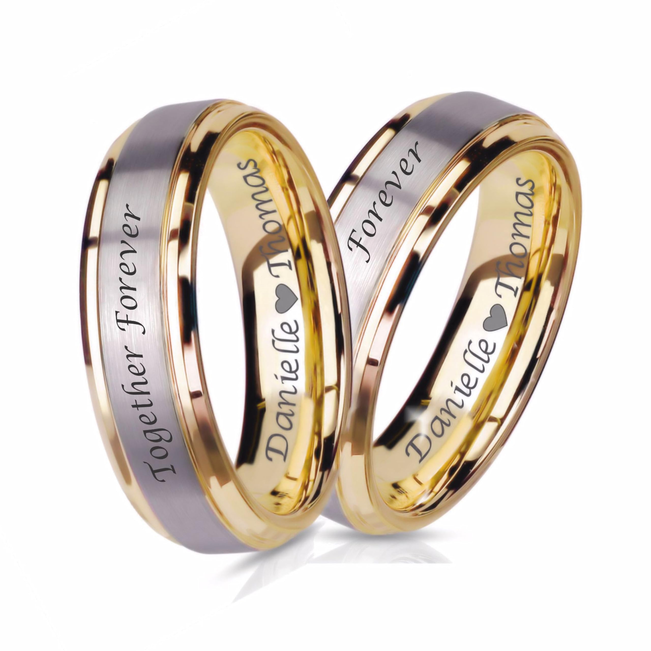 Personalized Stainless Steel Brushed Silver & Gold Ring Set Custom Engraved Free - Ships from USA