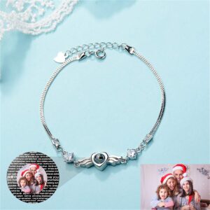 RWQDZOM Custom Photo Heart Projection Bracelet 925 Sterling Silver Adjustable Personalized Circle Photo Bracelet Couple Bracelet Friendship Bracelet Birthday Anniversary Valentines Day ​Gifts