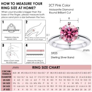 Michooyel 2ct Round Cut Moissanite Engagement Ring for Women Pink Moissanite VVS1 Classic 6 Prongs Setting Solitaire Sterling Silver Women Rings