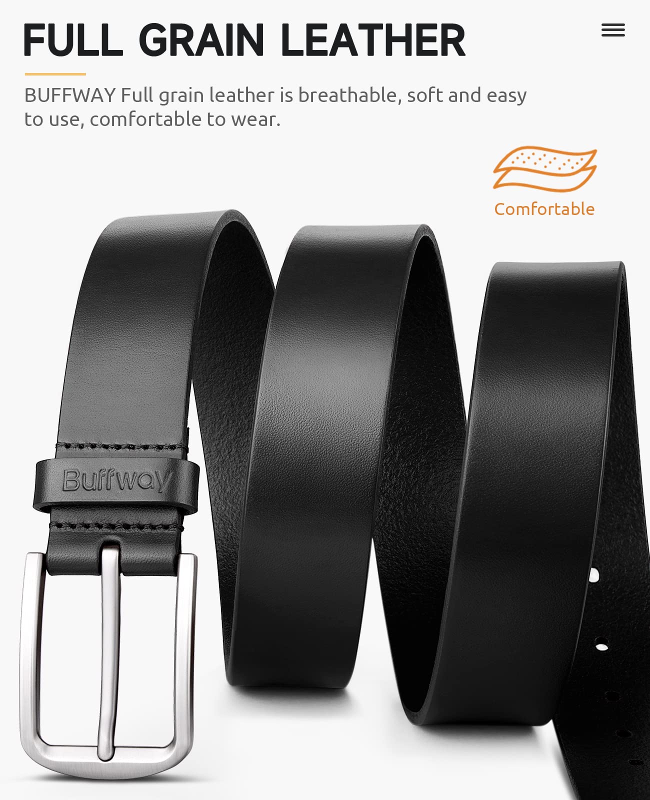 Buffway Mens Belt Full Grain Genuine Leather Belts for Men Casual Jeans or Dress with Gift Box 1 3/8”Wide Size 38” - Black