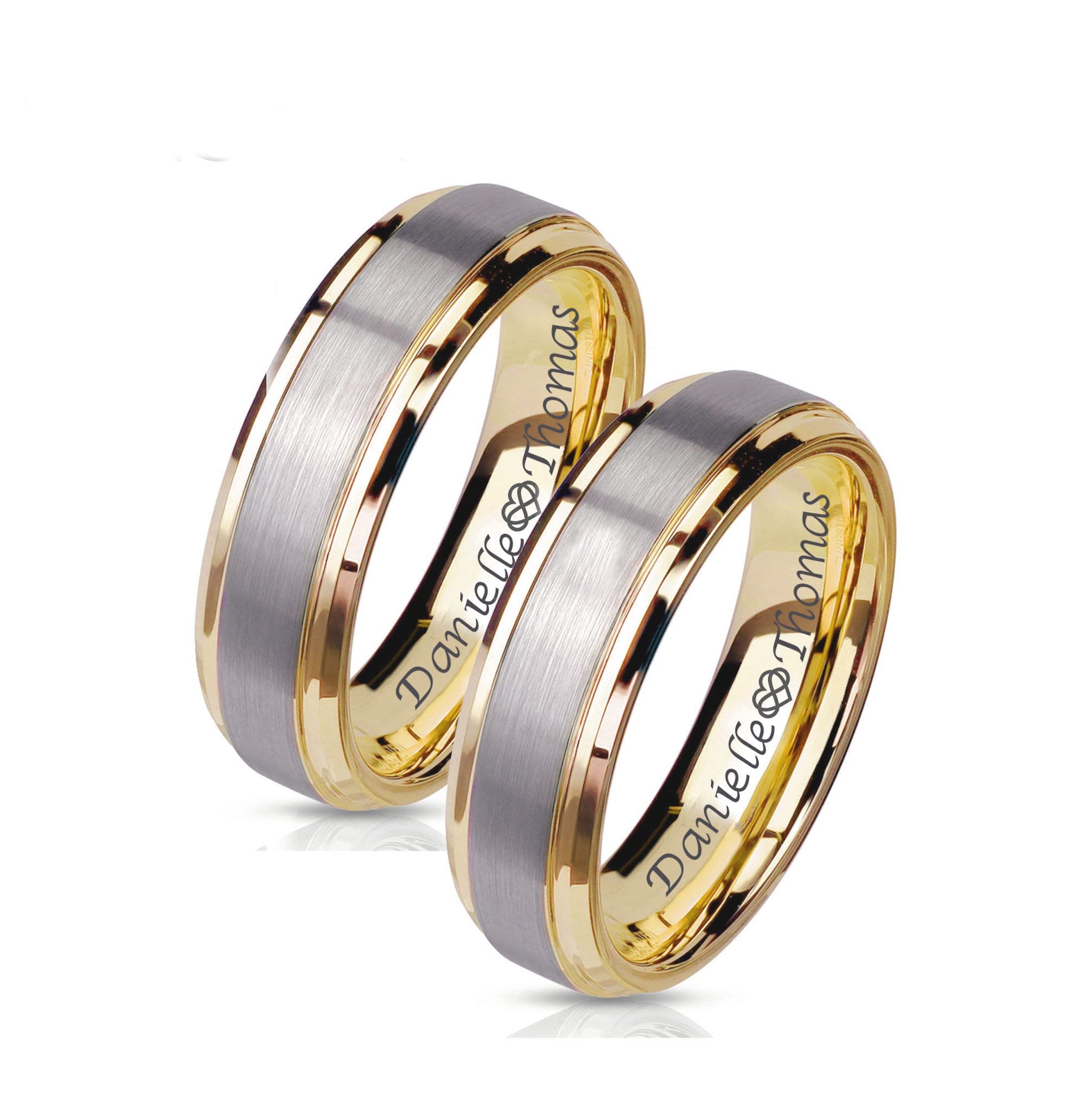 Personalized Stainless Steel Brushed Silver & Gold Ring Set Custom Engraved Free - Ships from USA