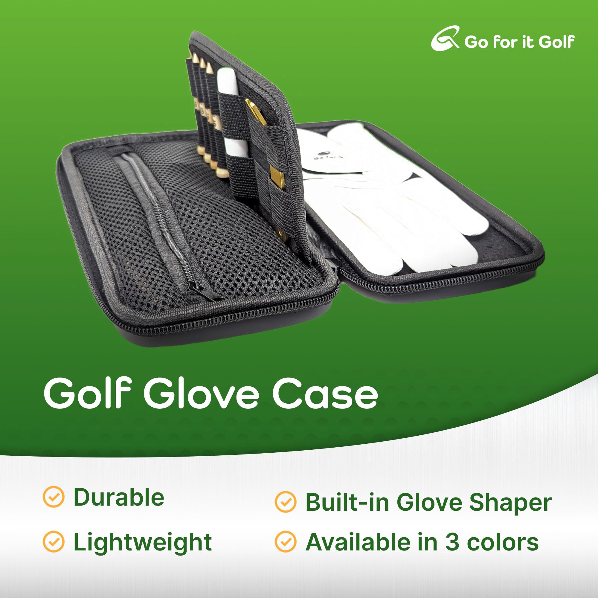 Go For It Golf Glove Case with Glove Shaper For a Wrinkle Free Glove - Golf Case with Magnetic Glove Holder - Organizer for Golf Divot Tool and Golf Accessories for Men & Women - Key Holder (Black)