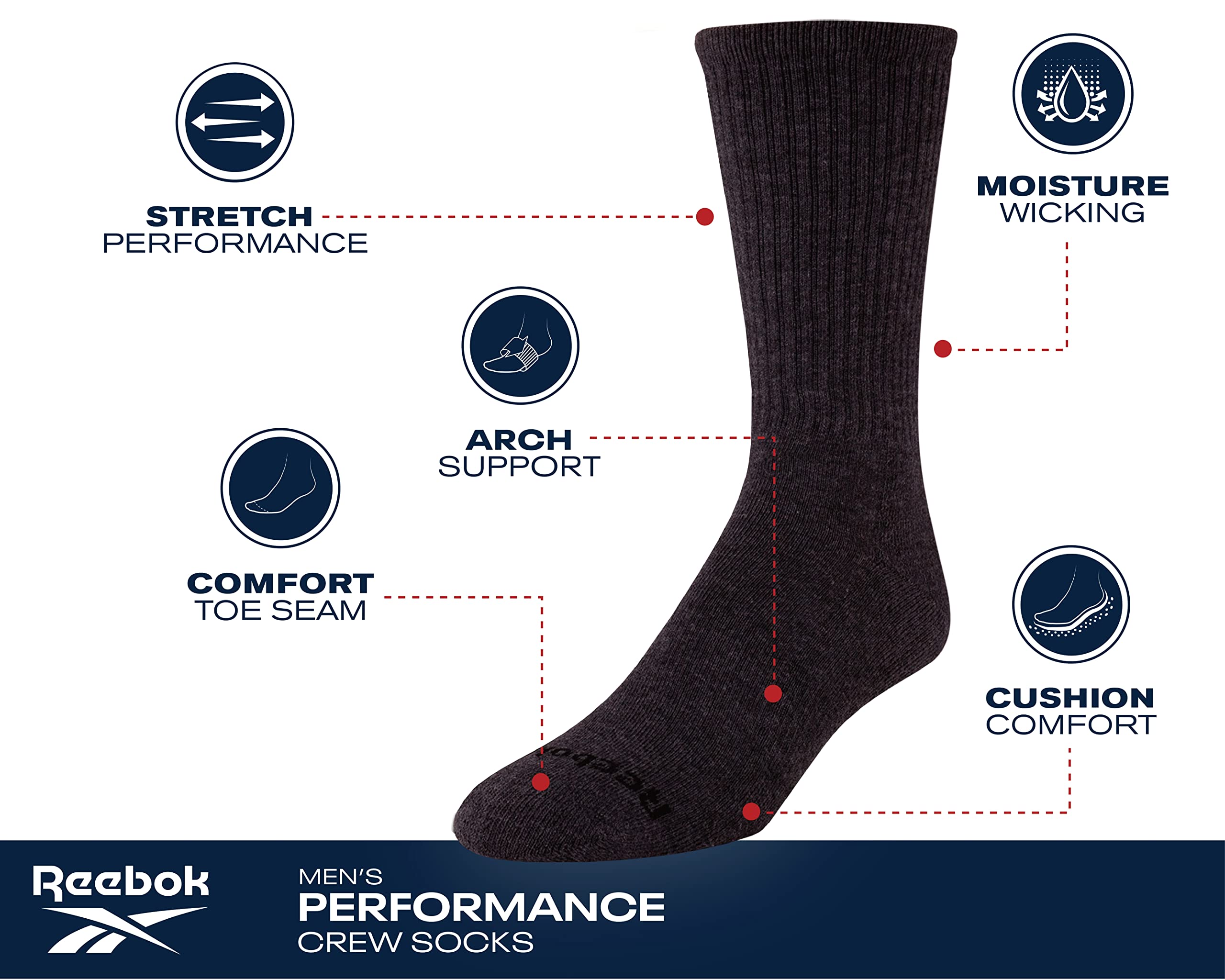 Reebok Men's Crew Socks - 10 Pack Stretch Performance Cushioned Crew Socks - Arch Support Athletic Socks for Men (6-12.5), Size 6-12.5, Ash Grey