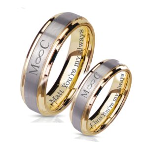 Personalized Stainless Steel Brushed Silver & Gold Ring Set Custom Engraved Free - Ships from USA