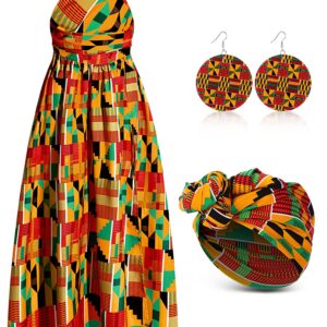 Haysandy 3 Pcs Women African Ankara Print Traditional Costume Set Long Maxi Dress Headwraps Scarf Drop Dangle Earrings(X-Large)