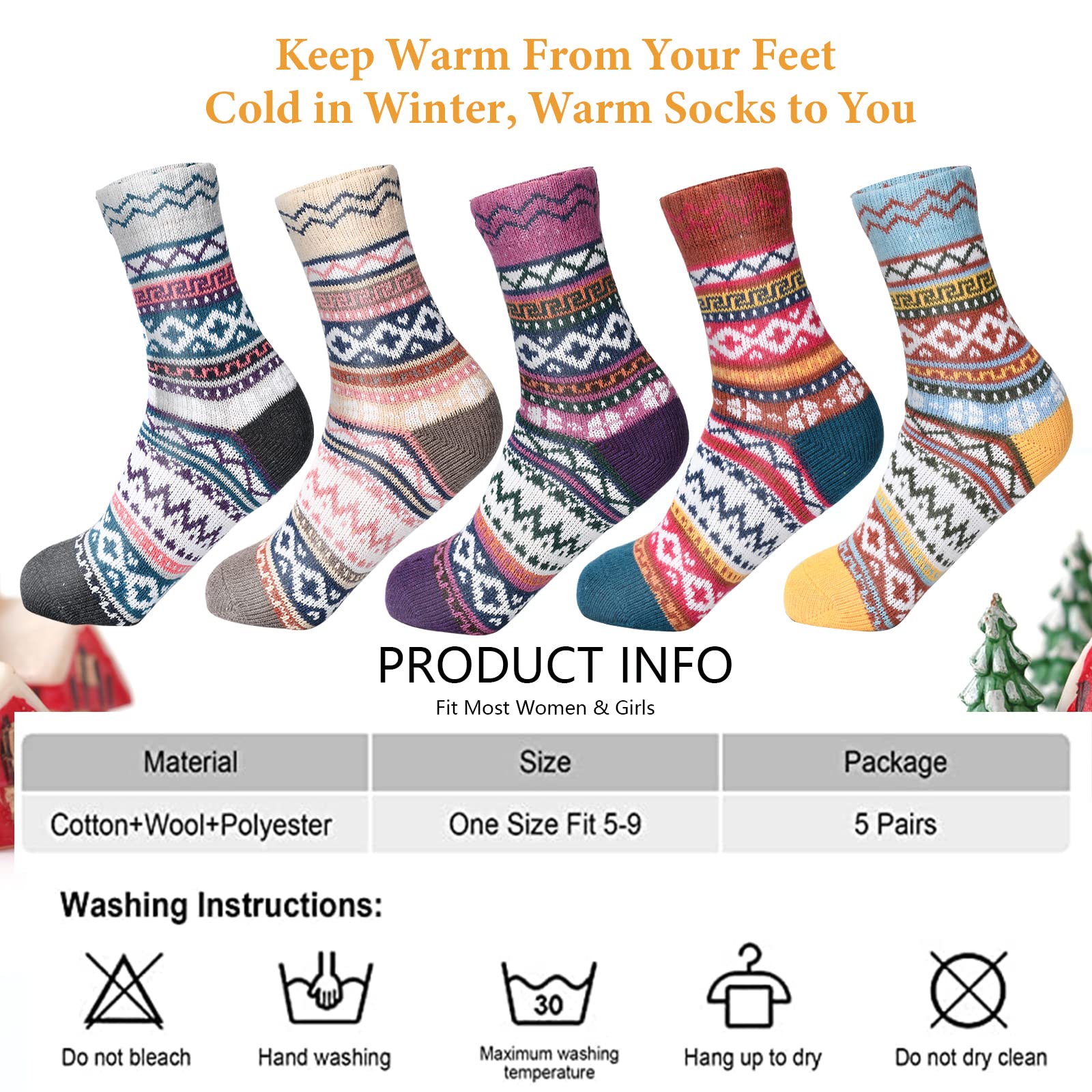 besky 5 Pairs Winter Wool Socks Women, Knit Thick Wool Soft Warm and Breathable Cozy Socks for Womens