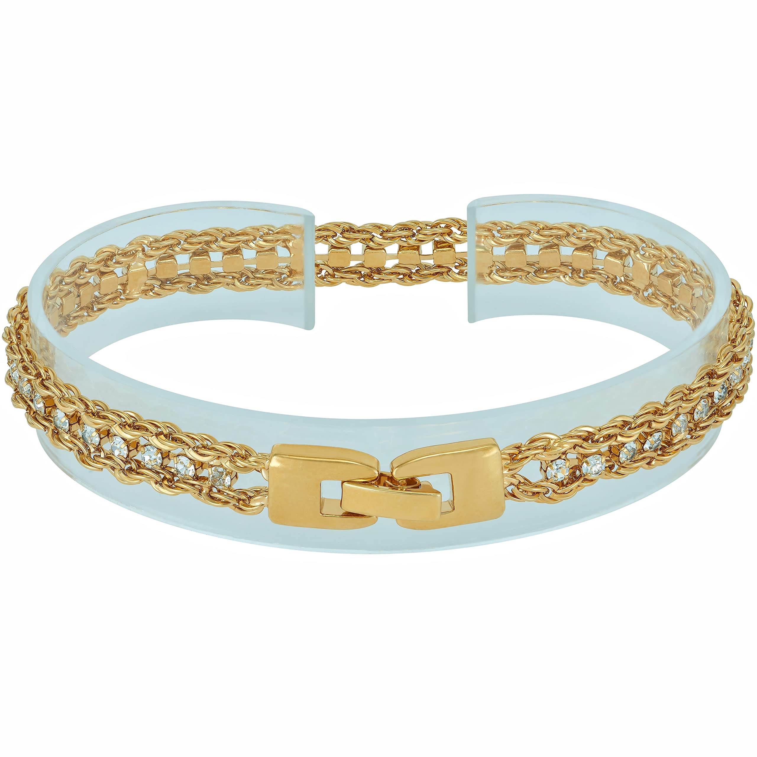 LIFETIME JEWELRY Braided Rope Chain Bracelets with Crystals for Women 24k Gold Plated (Gold - White Crystals, 7 inches)