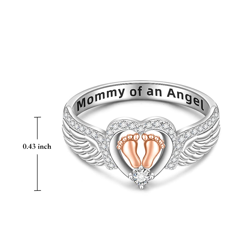 Angel Wing Ring for Women Mothers Sterling Silver Mommy of An Angel Rings Remembrance Footprint Band Memorial Keepsake Jewelry Size 8