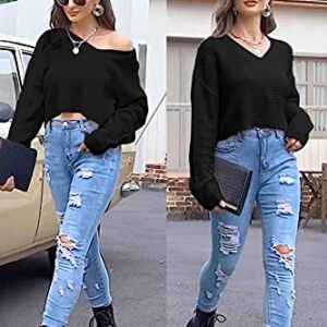 Jumppmile Womens V Neck Long Sleeve Tops Crop Waffle Knit Cropped Casual Loose Pullover Crop Sweater Black XL