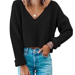 jumppmile womens v neck long sleeve tops crop waffle knit cropped casual loose pullover crop sweater black xl