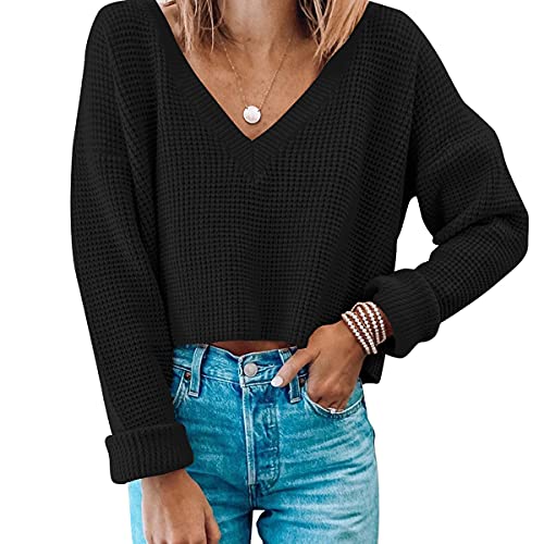 Jumppmile Womens V Neck Long Sleeve Tops Crop Waffle Knit Cropped Casual Loose Pullover Crop Sweater Black XL