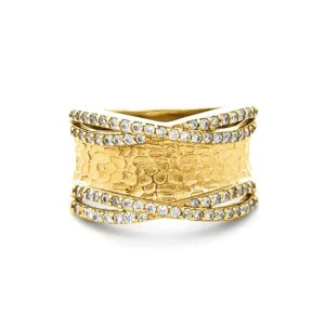 LAVINA Unique CZ Faux Diamond Matte Finish Hammered Band Ring For Proms, Holiday, Birthday (Gold, 8)