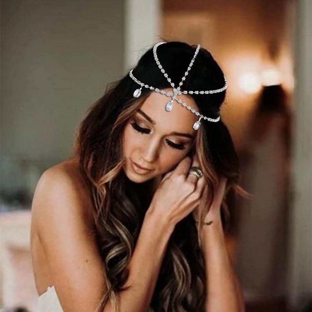 Yalice Layered Head Chain Rhinestone Head Jewelry Sparkly Bridal Headpieces Sparkle Crystal Headbands Wedding Prom Hair Jewelry for Women and Girls (Silver)