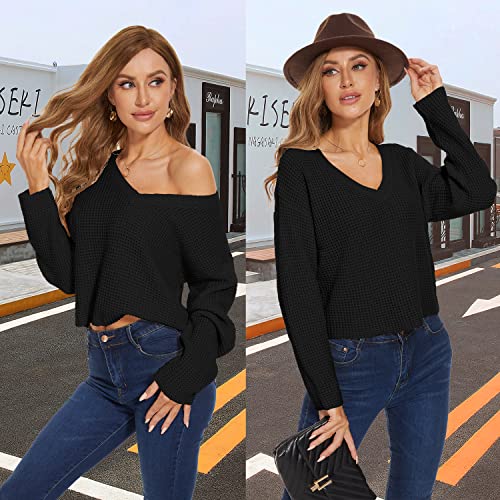 Jumppmile Womens V Neck Long Sleeve Tops Crop Waffle Knit Cropped Casual Loose Pullover Crop Sweater Black XL