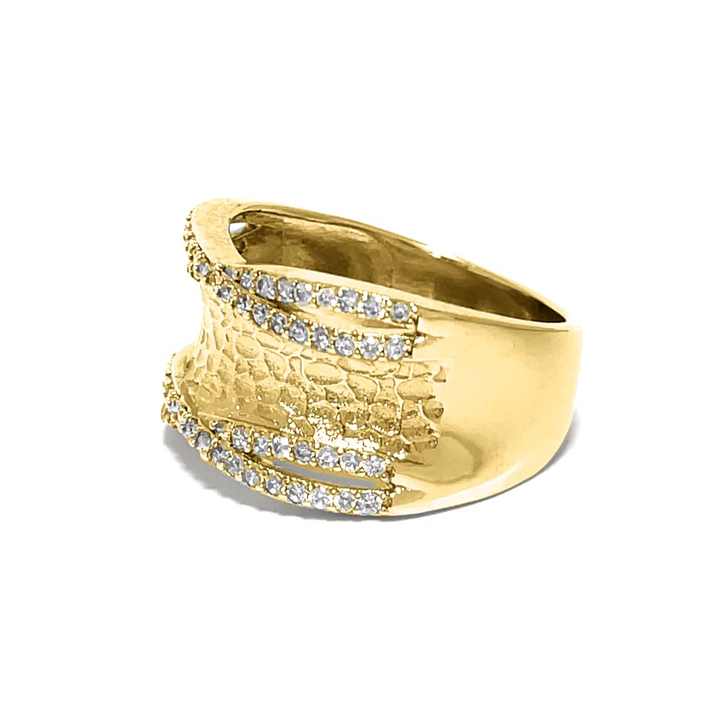 LAVINA Unique CZ Faux Diamond Matte Finish Hammered Band Ring For Proms, Holiday, Birthday (Gold, 8)