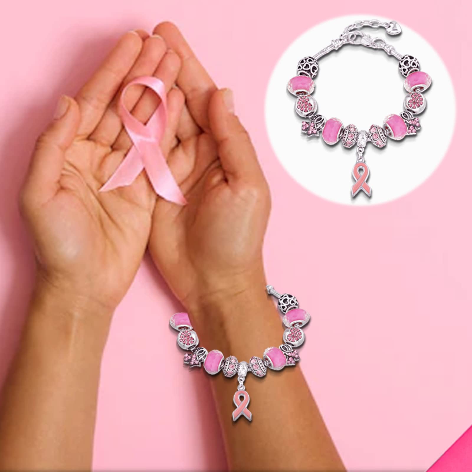 Yuvinw Pink Ribbon Breast Cancer Awareness Bracelet With Gift Box For Women