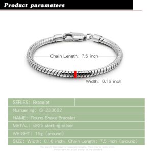 Dankadi Italy Smooth 3MM 4MM Round Snake Chain Bracelet Solid 925 Sterling Silver Men Women 6.3" 6.7" 7" 7.5" 8" 8.5" 9" 9.5" Bangle Charm Jewelry Gift (4MM, 6.7 inches)