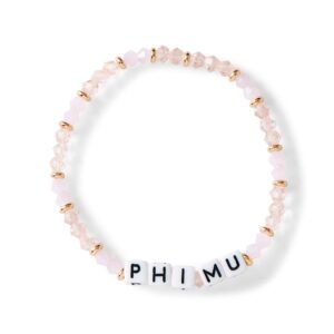 sorority shop phi mu bracelet — glass bead bracelet with pm name beads and 18k gold accent beads, greek sorority jewelry for big little sorority gifts