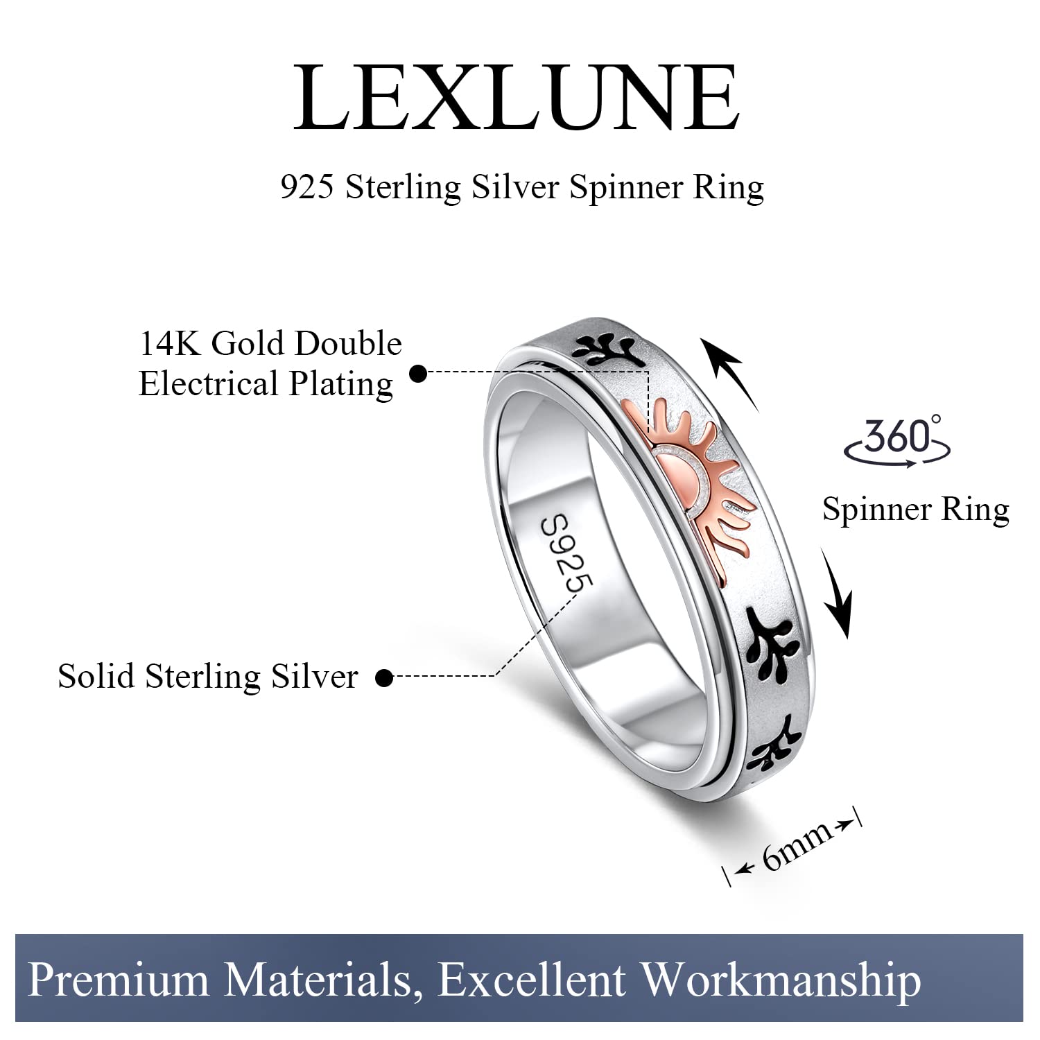 LEXLUNE Fidget Ring Spinner Ring for Anxiety Women Men Girlfriend Daughter Teen Girl Real S925 Sterling Silver Band Ring Moon Ring Couple Ring You Are My Sunshine