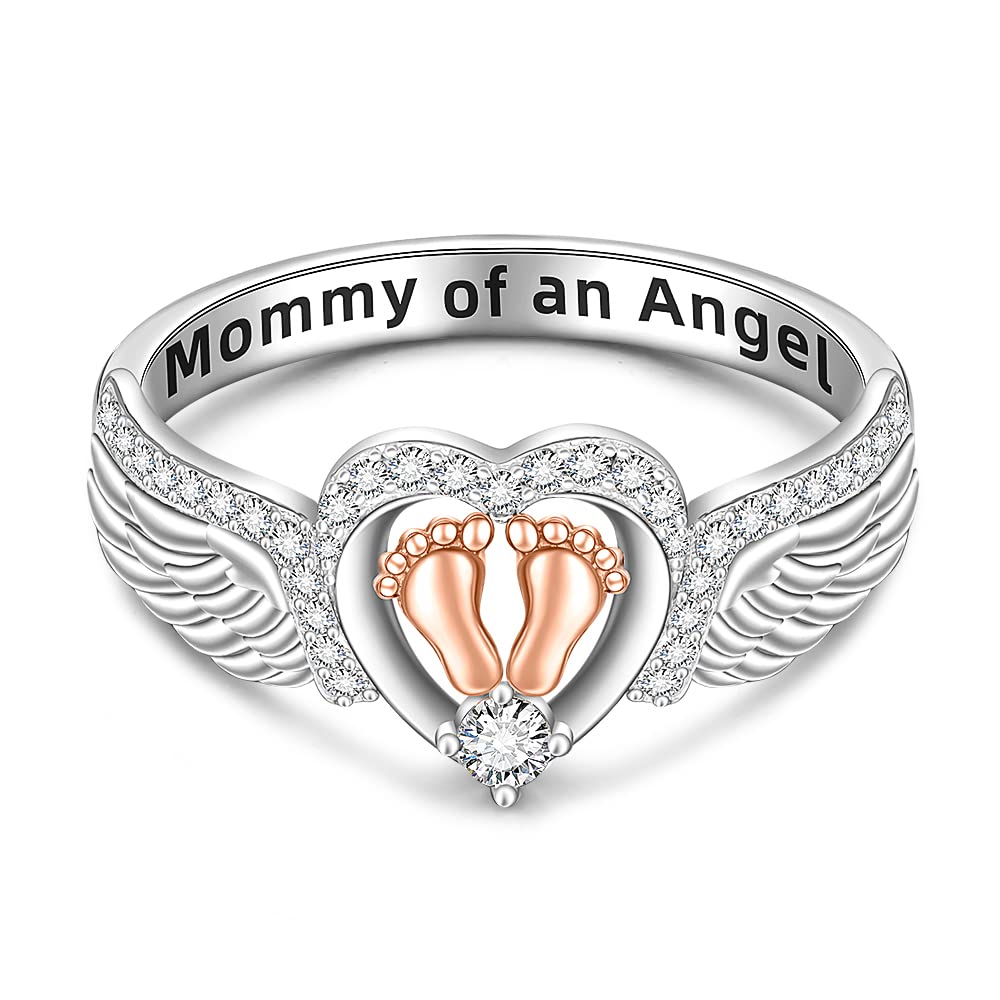 Angel Wing Ring for Women Mothers Sterling Silver Mommy of An Angel Rings Remembrance Footprint Band Memorial Keepsake Jewelry Size 8