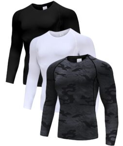 men's (pack of 3) cool dry compression long sleeve sports baselayer t-shirts tops black/white/camo black-l