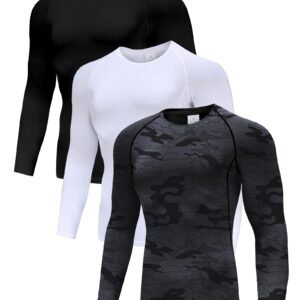 Men's (Pack of 3) Cool Dry Compression Long Sleeve Sports Baselayer T-Shirts Tops Black/White/Camo Black-L