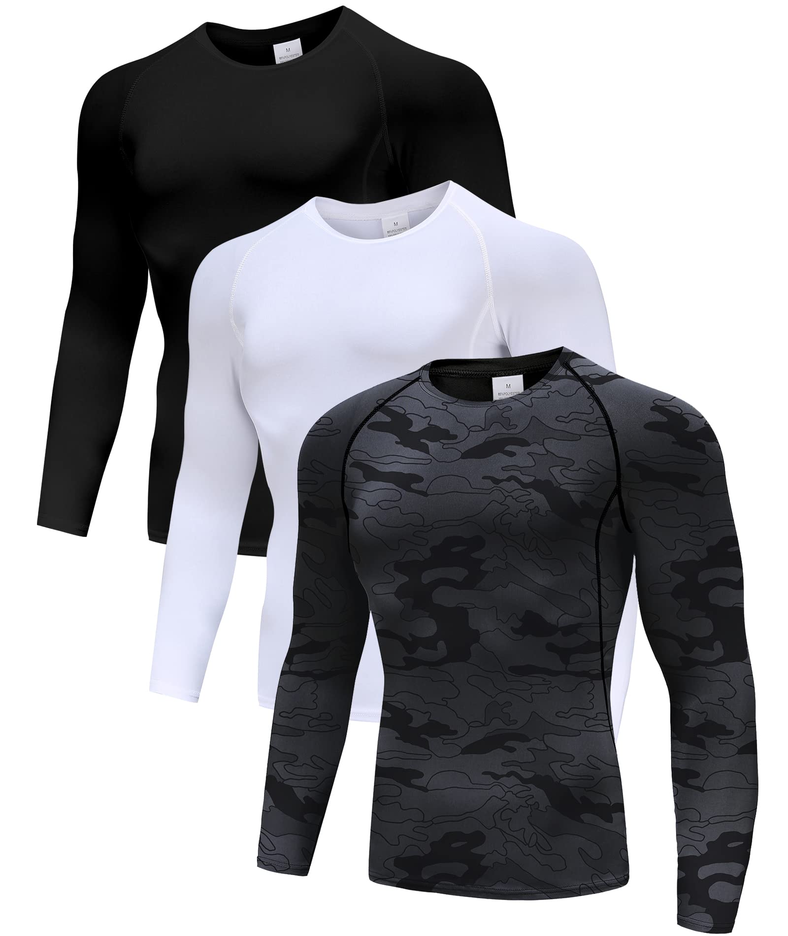 Men's (Pack of 3) Cool Dry Compression Long Sleeve Sports Baselayer T-Shirts Tops Black/White/Camo Black-L