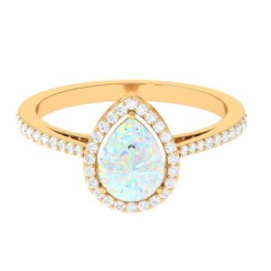 Rosec Jewels Natural Ethiopian Opal Halo Engagement Ring with Diamond | 5X7 MM | AAA Quality, 14K Yellow Gold, Size:US 5.50