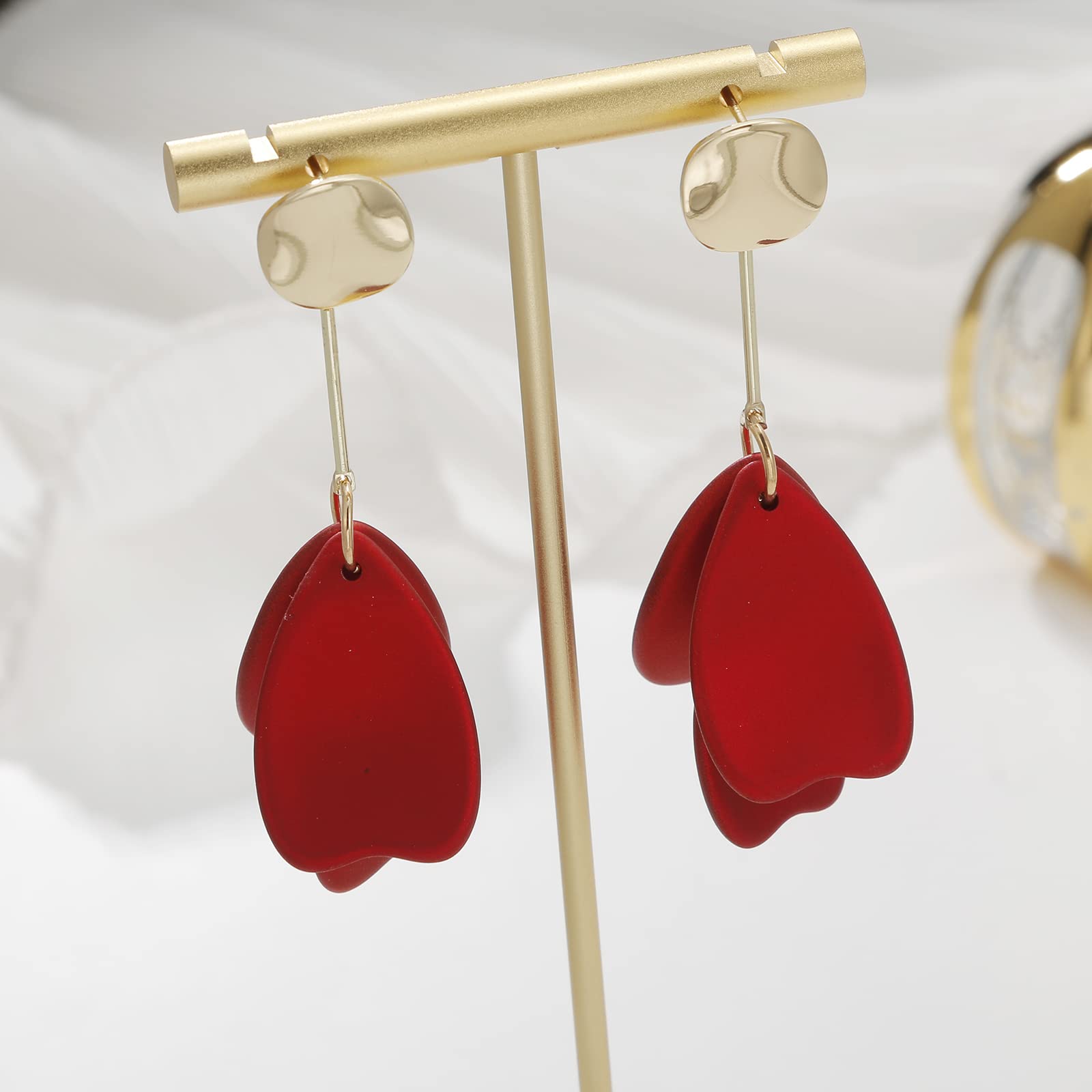 RUOFFETA Acrylic Petal Earrings for Women, Long Rose Petal Dangle Earrings Boho Flower Statement Earrings Floral Jewelry(Red B)